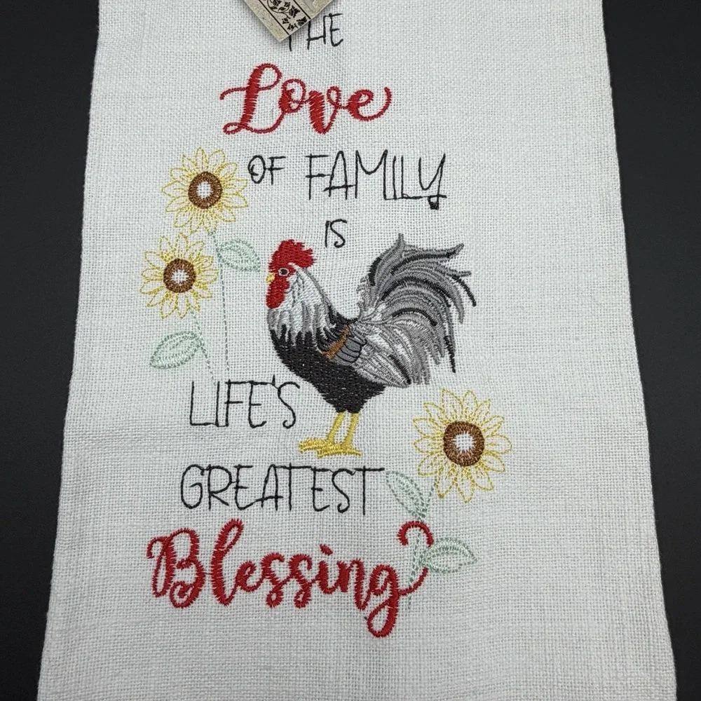 Cracker Barrel Farmhouse Rooster Embroidered Kitchen Tea Towel Family Love Decor